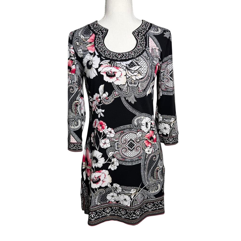 White House Black Market Floral Paisley Shift Dress Embellished Neckline